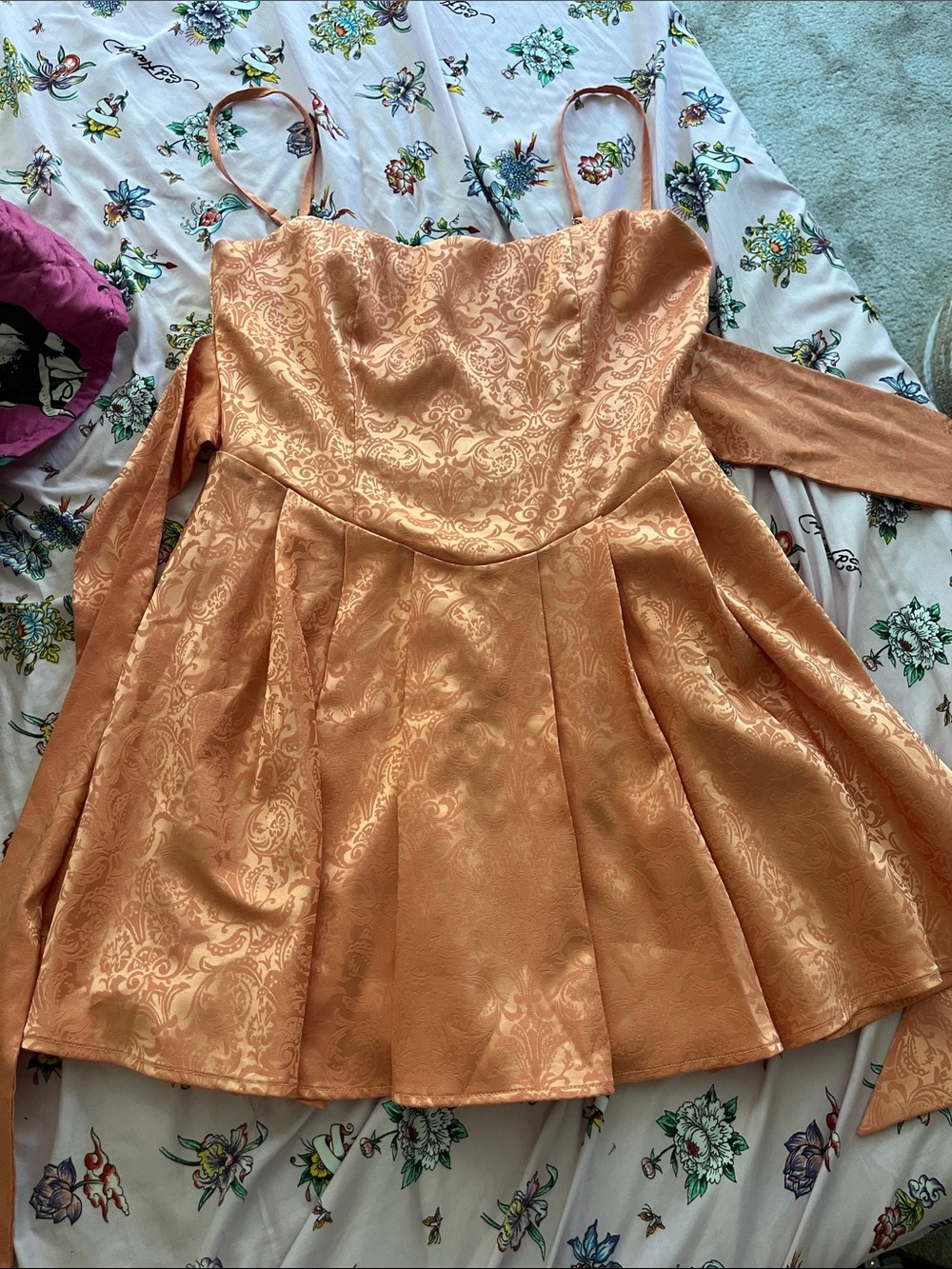 Amazon Peach Satin Brocade Prom/Hoco Dress with Spaghetti Straps